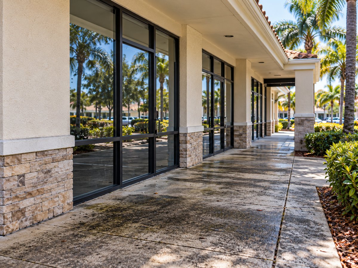 Before commercial power washing: stained, dirty concrete sidewalk along a storefront in Flagler County, FL