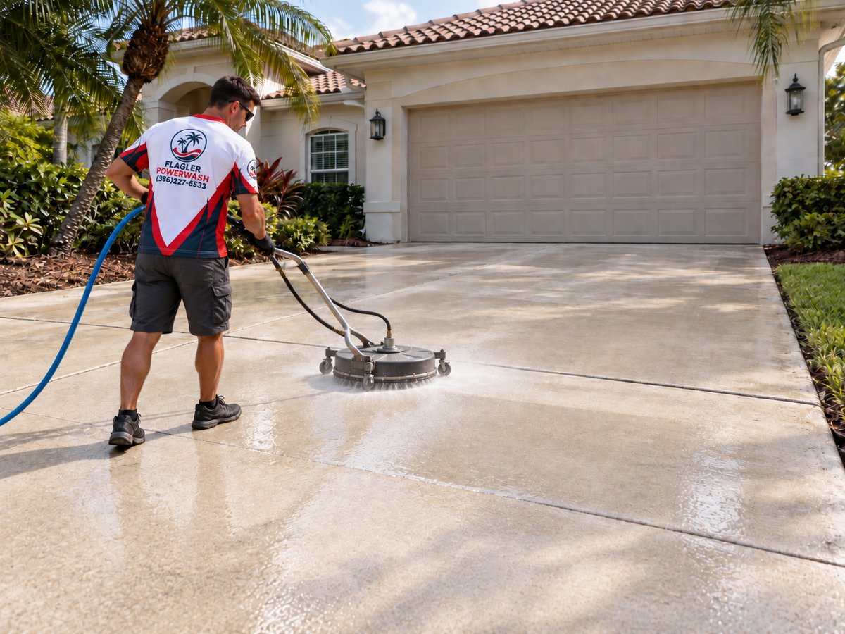 After concrete cleaning: Flagler Powerwash technician using a surface cleaner on a freshly cleaned concrete driveway in Flagler County, FL