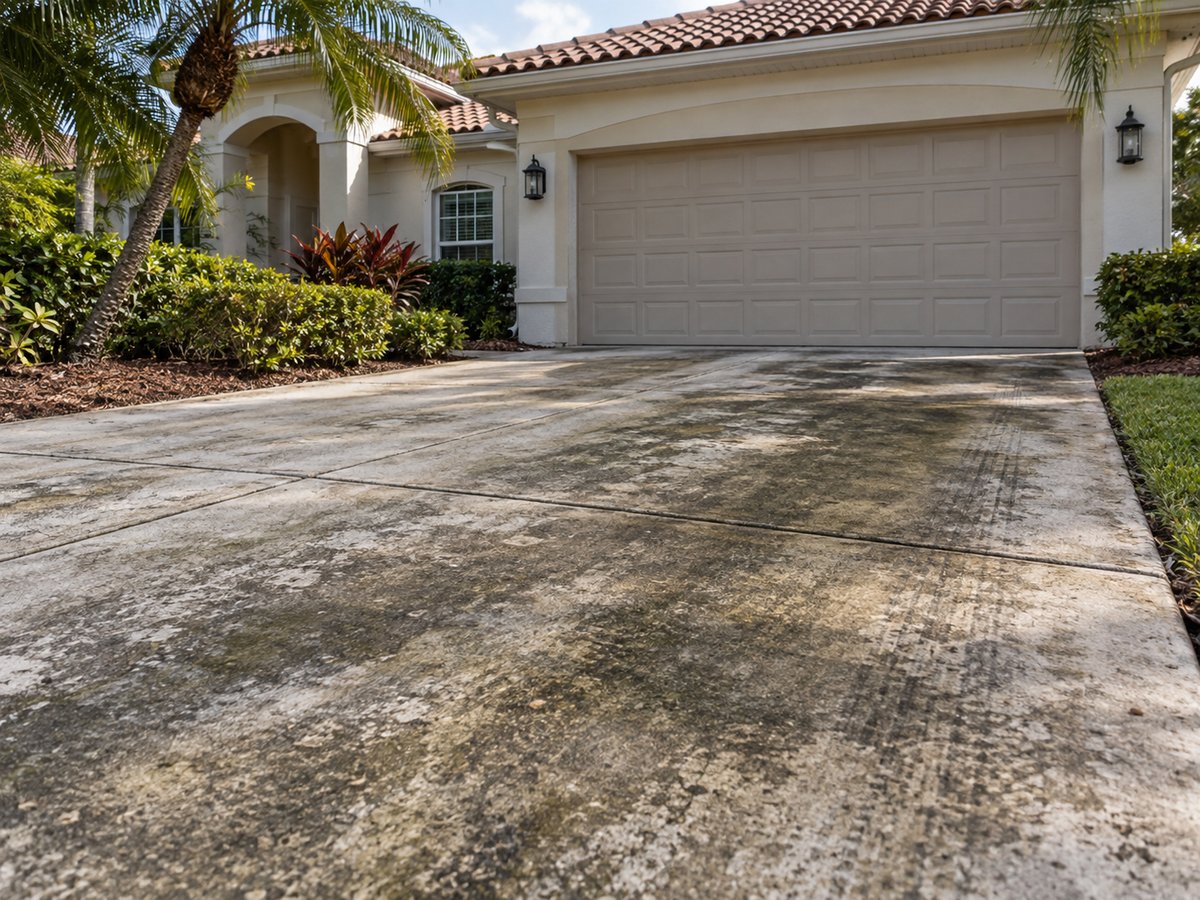 Before concrete cleaning: stained, algae-darkened concrete driveway in front of a two-car garage in Flagler County, FL