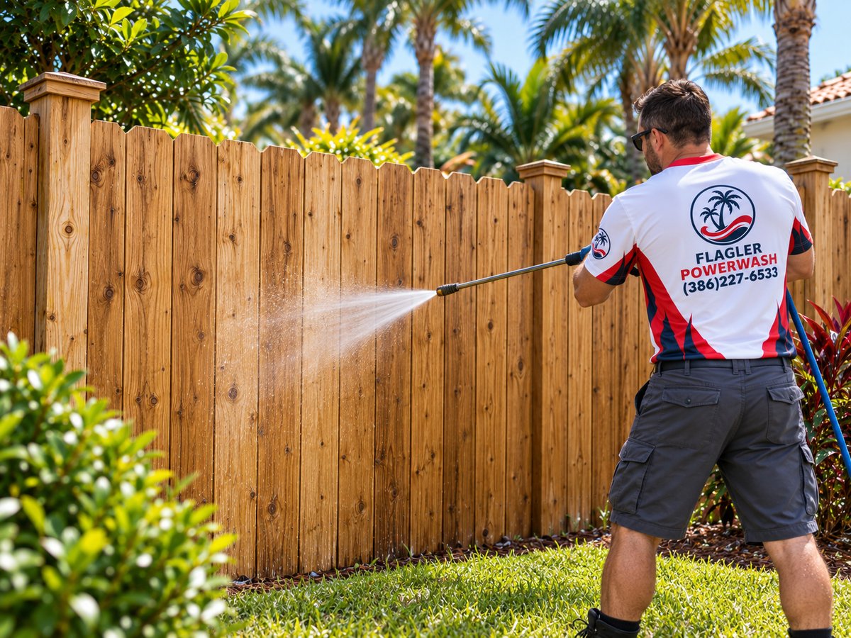 After deck and fence cleaning: Flagler Powerwash technician pressure washing a wood fence restored to a warm natural color in Flagler County, FL