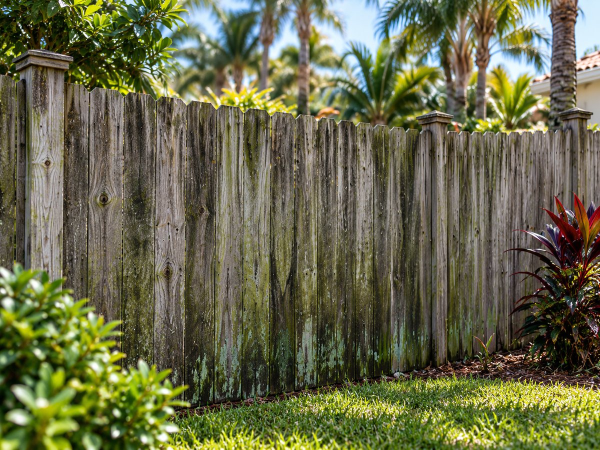 Before deck and fence cleaning: gray, moss-stained wood privacy fence in a backyard in Flagler County, FL