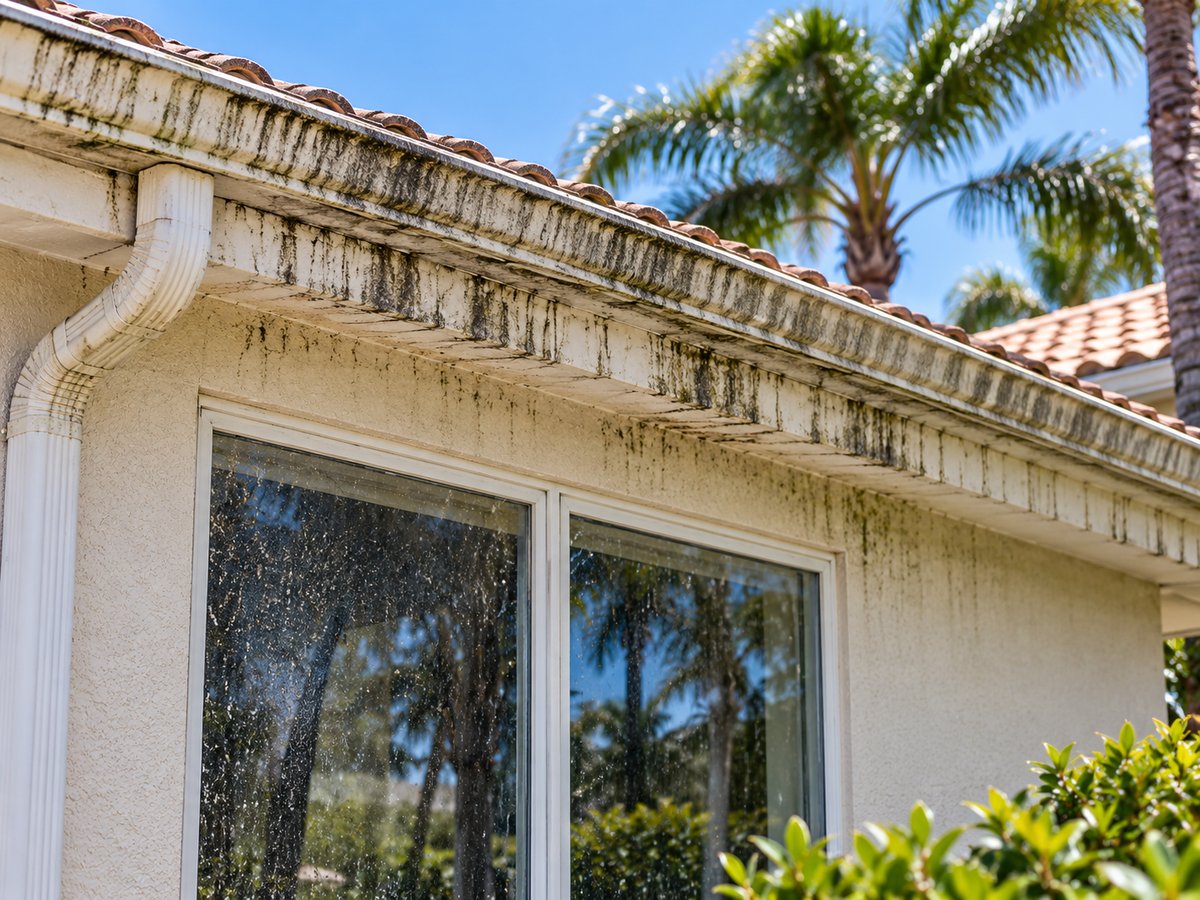Before gutter and window cleaning: black-streaked gutters and fascia above a spotted window on a home in Flagler County, FL