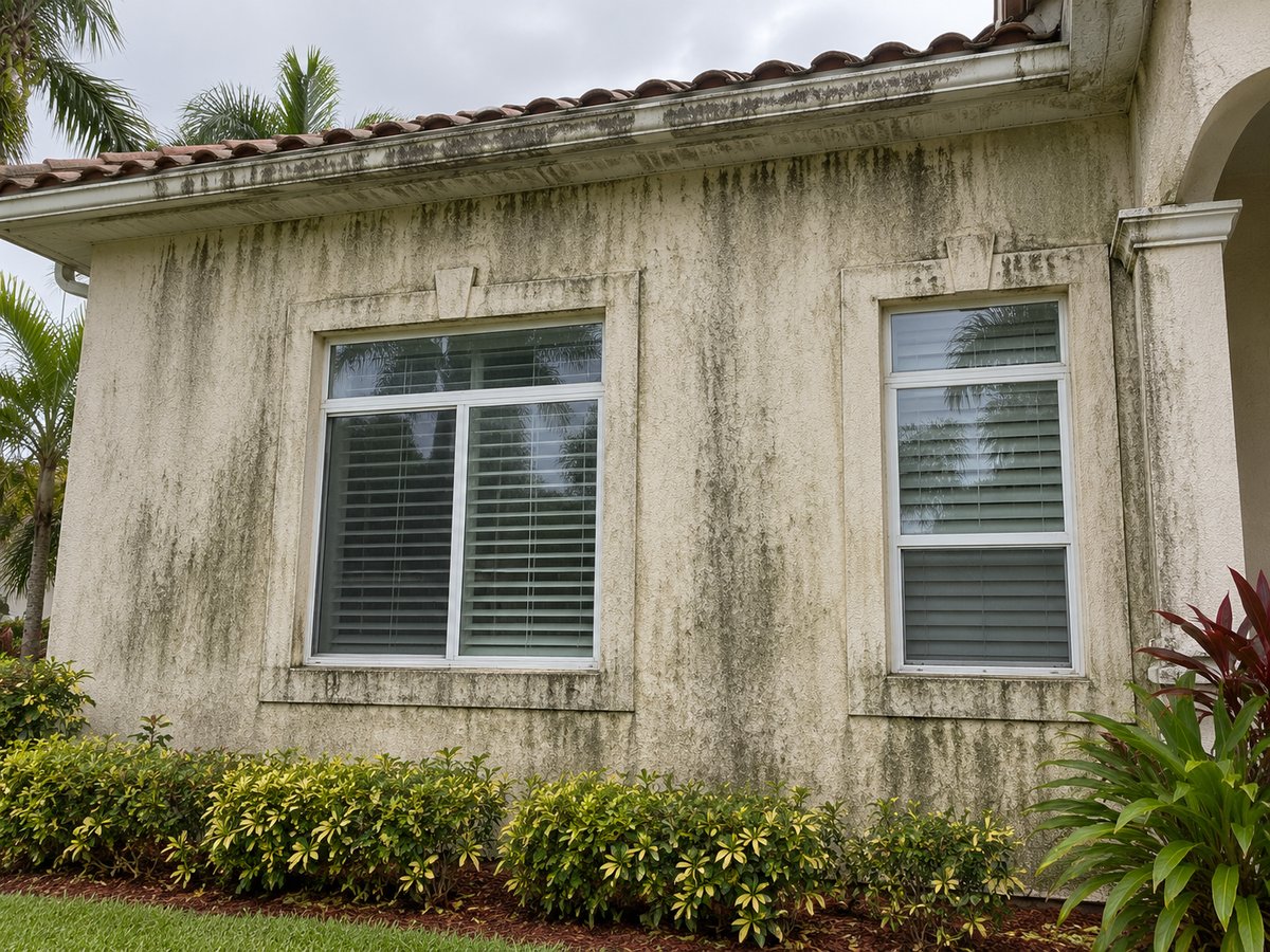 Before house washing: stucco home exterior streaked with dark algae and mildew beneath a tile roofline in Flagler County, FL