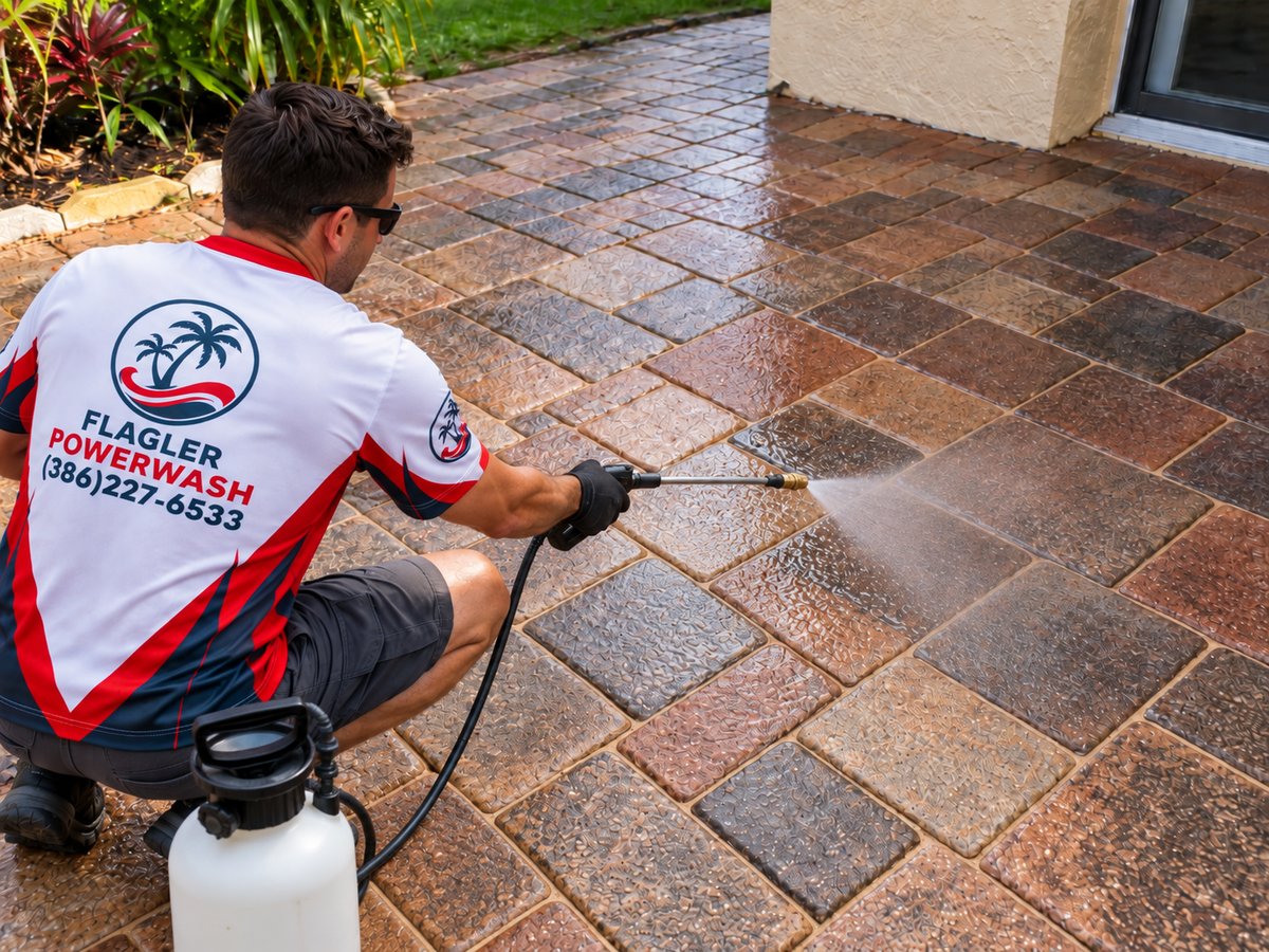After paver sand and sealing: Flagler Powerwash technician working over pavers with rich, restored color on a patio in Flagler County, FL