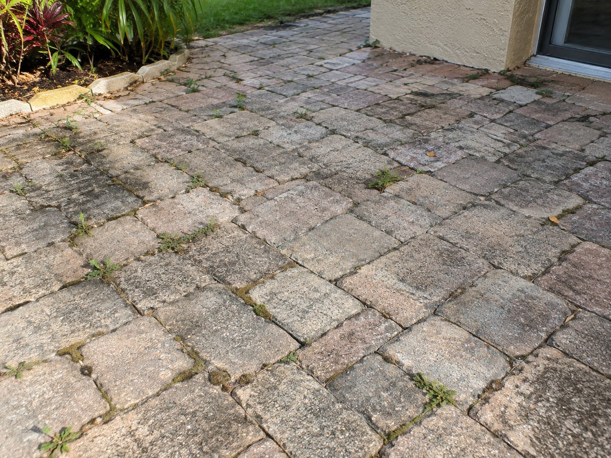 Before paver sand and sealing: weathered, faded pavers with weeds growing in the joints on a patio in Flagler County, FL